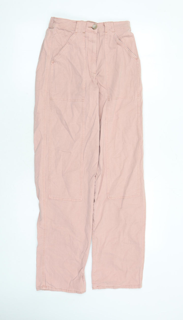 Marks and Spencer Womens Pink Cotton Trousers Size 8 L31 in Regular Zip - Elasticated Waist Long Leg