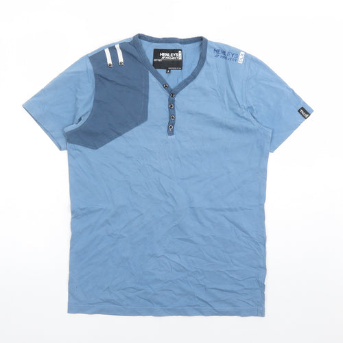 Henleys Mens Blue Cotton T-Shirt Size M V-Neck - Henleys Size 2