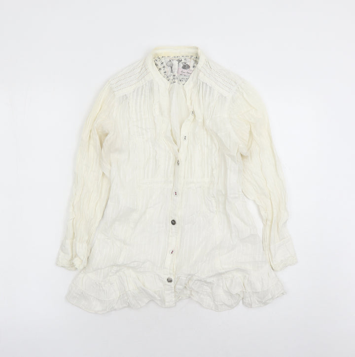 River Island Womens Ivory Striped 100% Cotton Basic Button-Up Size 10 V-Neck - Lace Detail