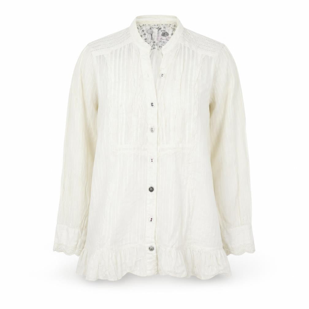 Front view of River Island women’s ivory striped 100% cotton basic button-up, size UK 10, v-neck - lace detail