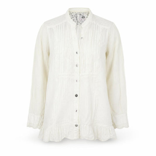 Front view of River Island women’s ivory striped 100% cotton basic button-up, size UK 10, v-neck - lace detail