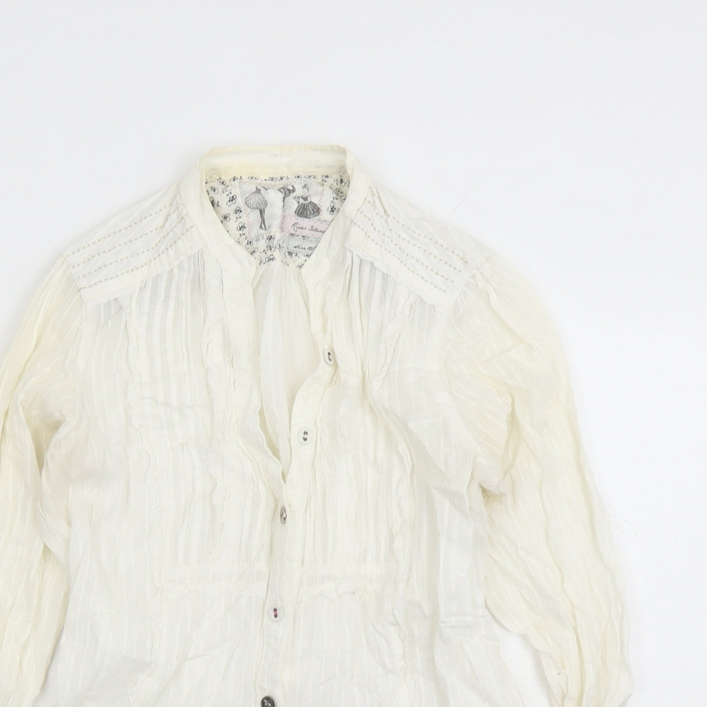 River Island Womens Ivory Striped 100% Cotton Basic Button-Up Size 10 V-Neck - Lace Detail