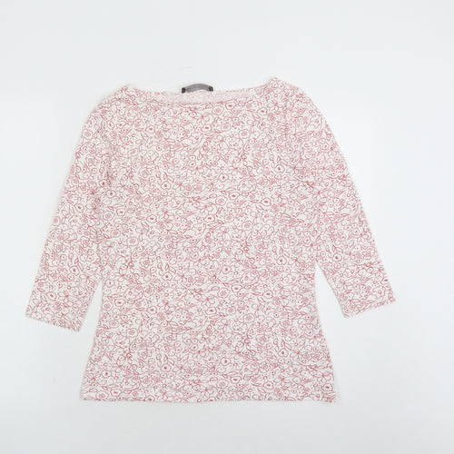 Marks and Spencer Womens White Floral Cotton Basic T-Shirt Size 12 Boat Neck