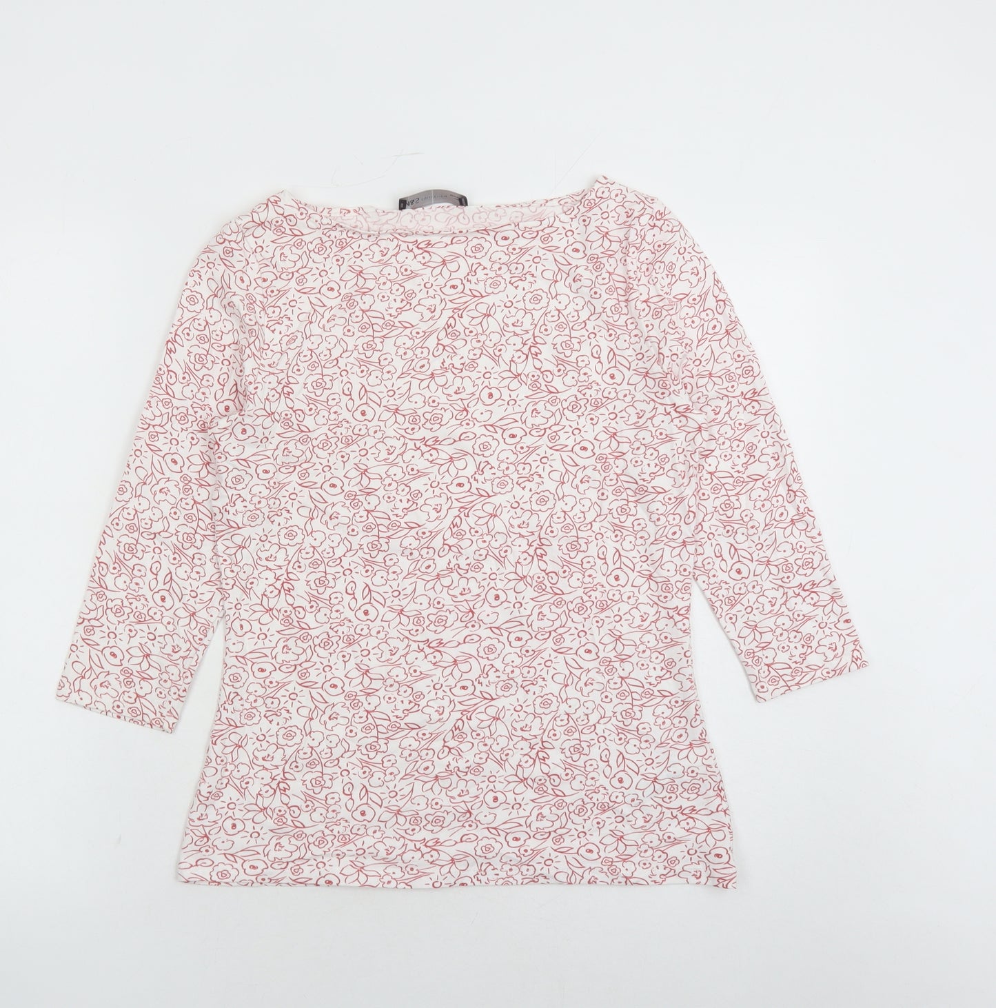 Marks and Spencer Womens White Floral Cotton Basic T-Shirt Size 12 Boat Neck