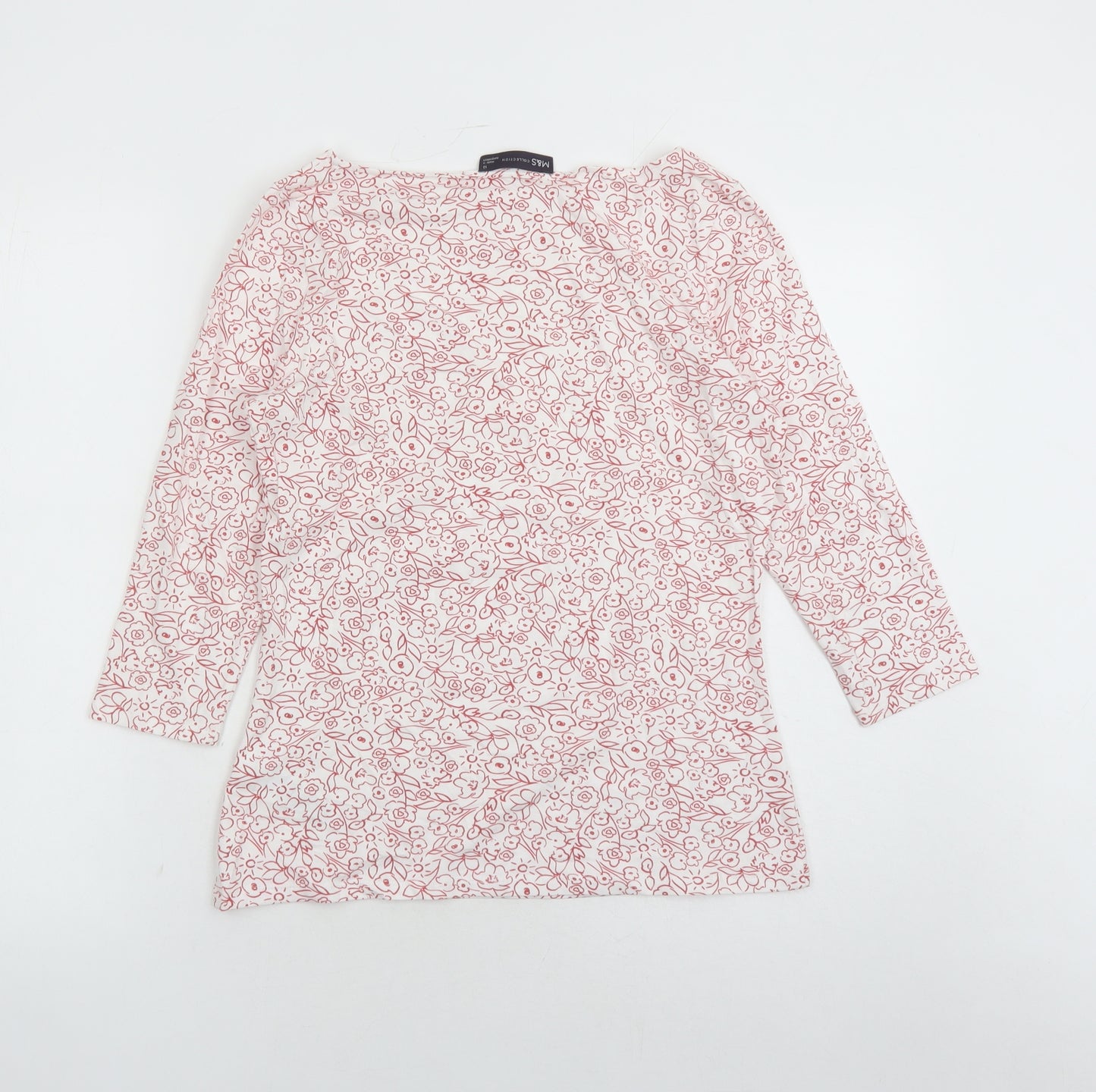 Marks and Spencer Womens White Floral Cotton Basic T-Shirt Size 12 Boat Neck