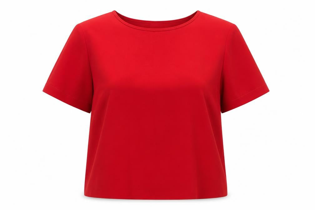Front view of Classics women’s red polyester basic blouse, size UK 18, round neck