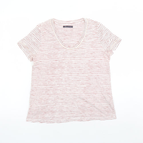 Marks and Spencer Womens White Striped 100% Cotton Basic T-Shirt Size 10 Round Neck