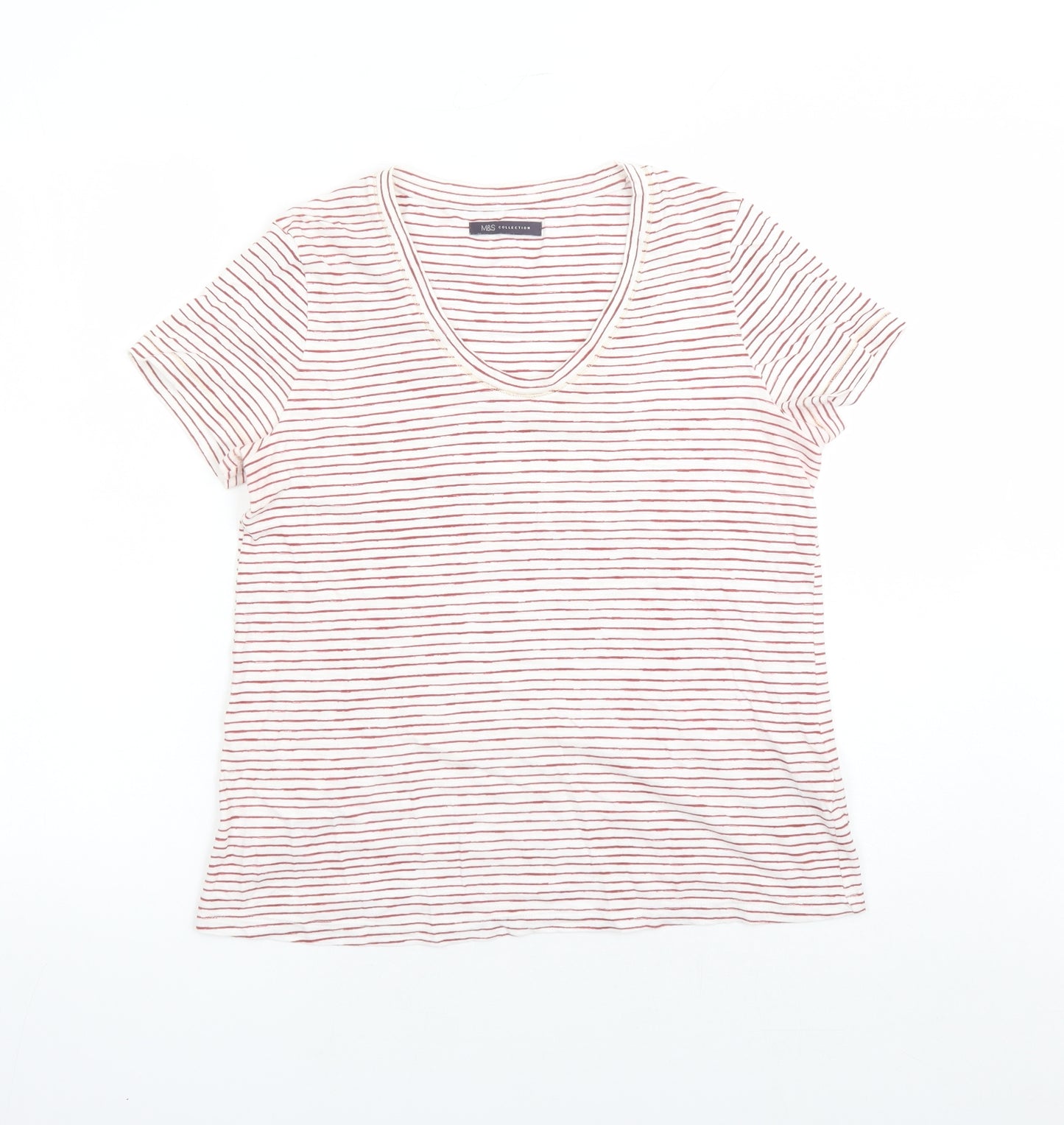 Marks and Spencer Womens White Striped 100% Cotton Basic T-Shirt Size 10 Round Neck