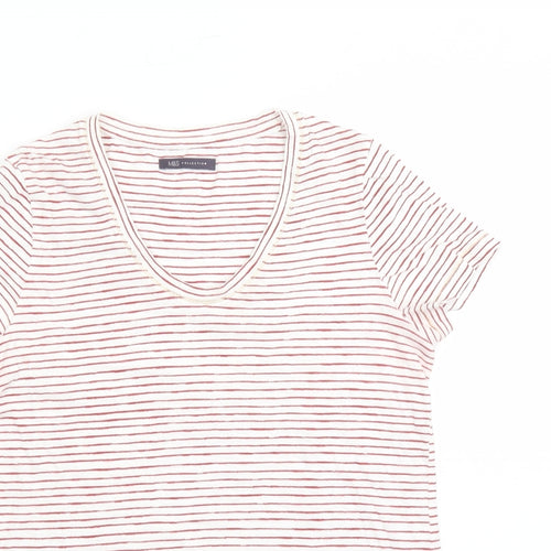 Marks and Spencer Womens White Striped 100% Cotton Basic T-Shirt Size 10 Round Neck