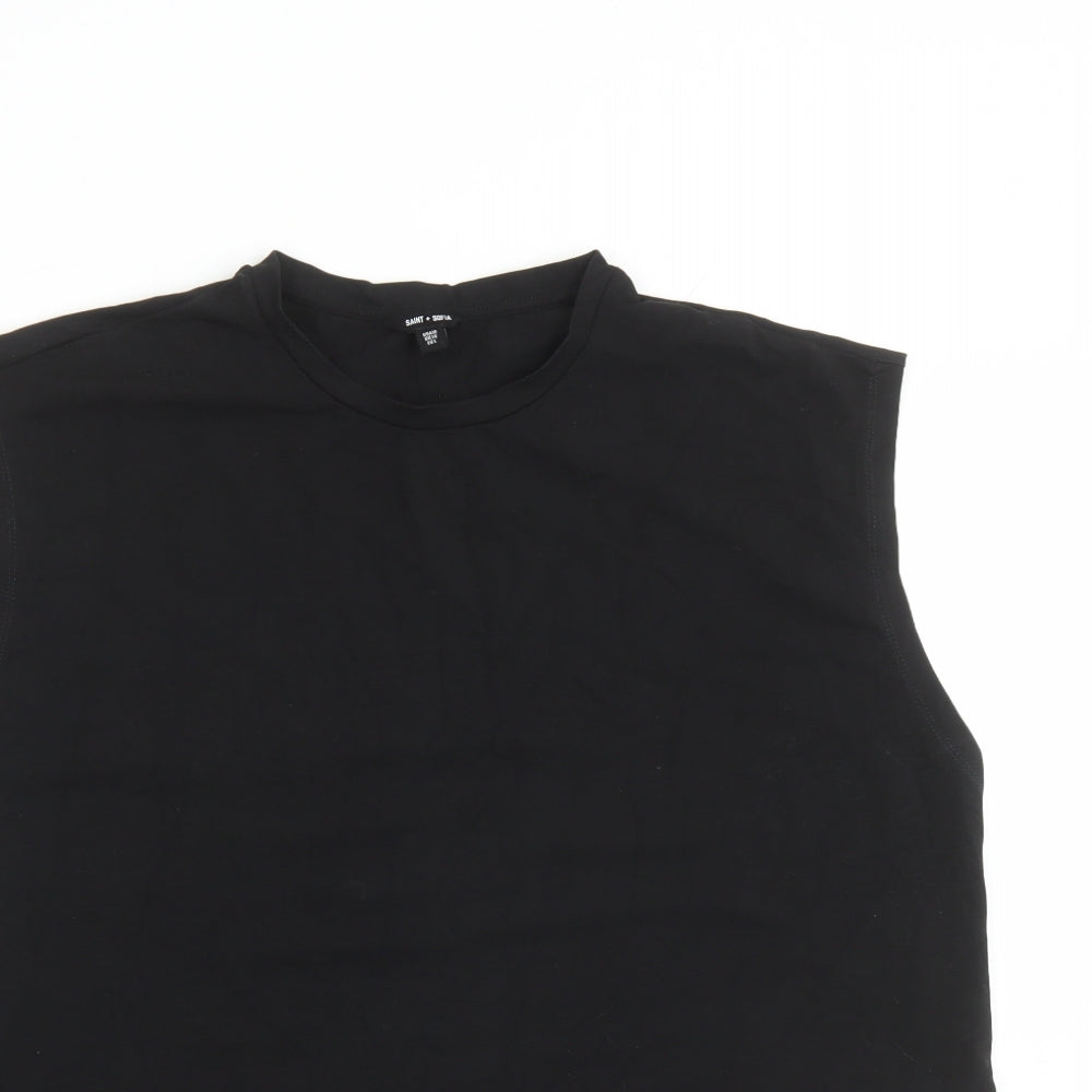 Saint + Sofia Womens Black Cotton Cropped T-Shirt Size 14 Round Neck - Asymmetrical