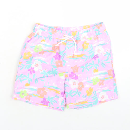 Marks and Spencer Boys Purple Floral Polyester Sweat Shorts Size 7-8 Years Regular Drawstring - Elasticated Waist Swim Shorts