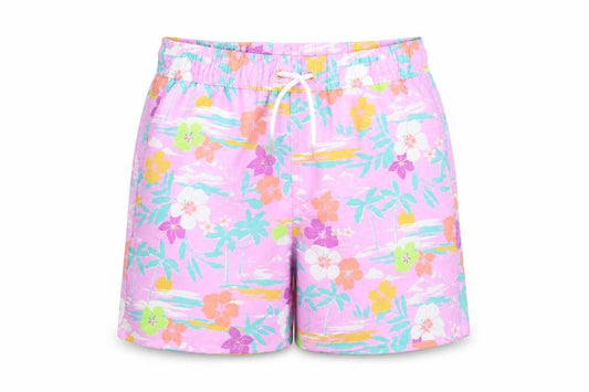 Marks and Spencer Boys Purple Floral Polyester Sweat Shorts Size 7-8 Years Regular Drawstring - Elasticated Waist Swim Shorts