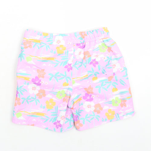 Marks and Spencer Boys Purple Floral Polyester Sweat Shorts Size 7-8 Years Regular Drawstring - Elasticated Waist Swim Shorts