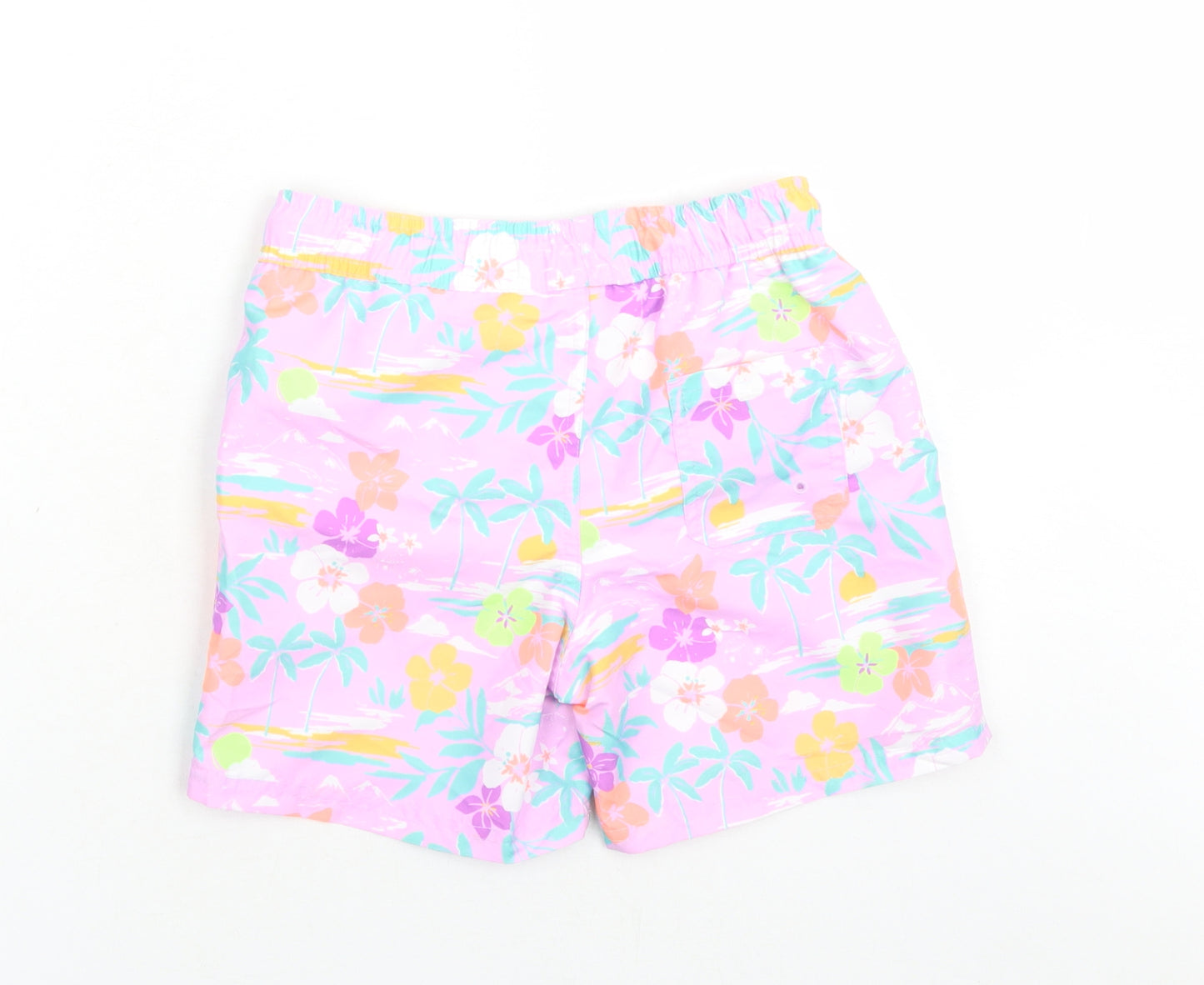 Marks and Spencer Boys Purple Floral Polyester Sweat Shorts Size 7-8 Years Regular Drawstring - Elasticated Waist Swim Shorts