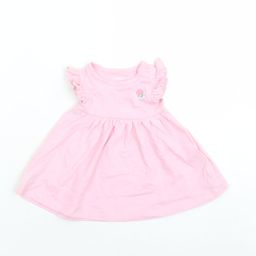 Marks and Spencer Girls Pink Cotton Fit & Flare Size 0-3 Months Round Neck Snap - Happy