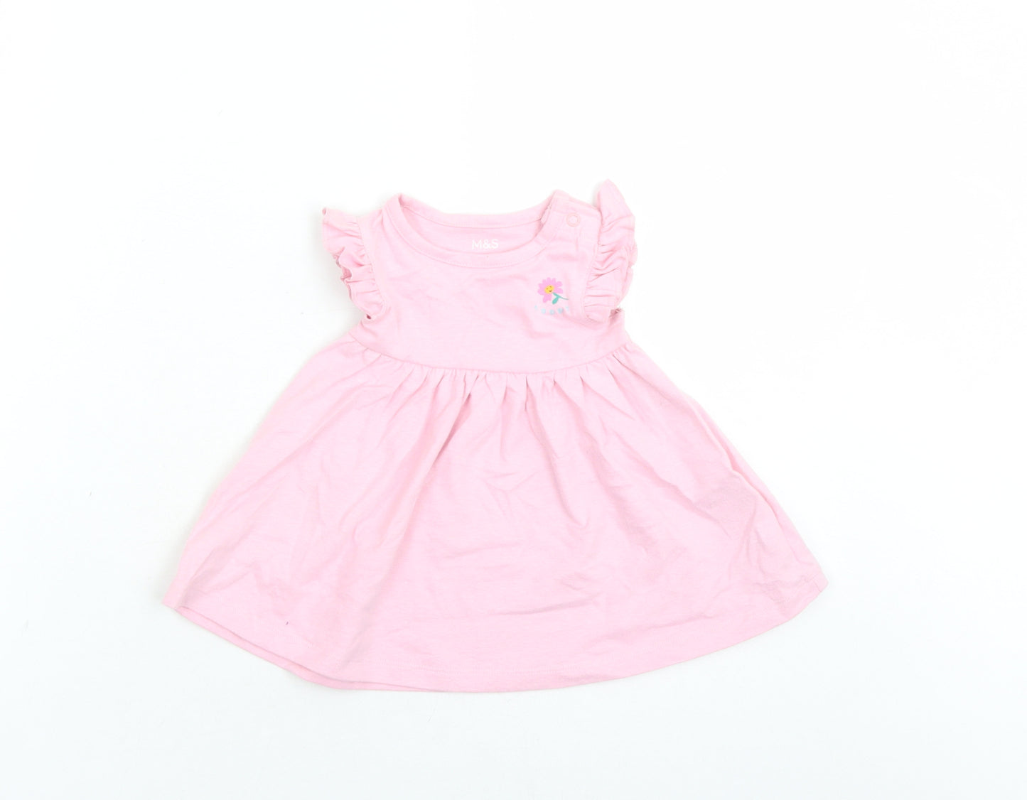 Marks and Spencer Girls Pink Cotton Fit & Flare Size 0-3 Months Round Neck Snap - Happy
