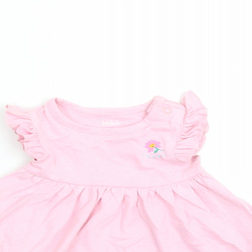 Marks and Spencer Girls Pink Cotton Fit & Flare Size 0-3 Months Round Neck Snap - Happy