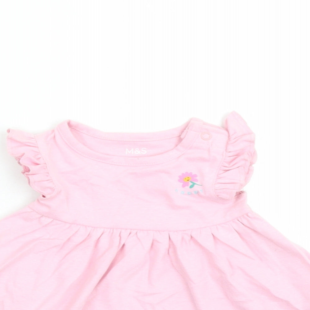 Marks and Spencer Girls Pink Cotton Fit & Flare Size 0-3 Months Round Neck Snap - Happy