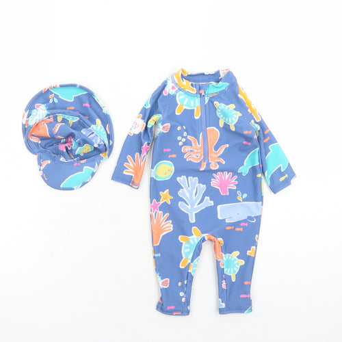 Marks and Spencer Boys Blue Geometric Polyester Unitard One-Piece Size 0-3 Months Zip - Swim Suit Hat Included