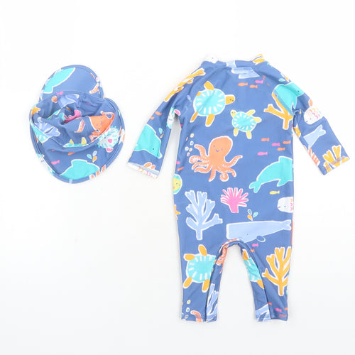 Marks and Spencer Boys Blue Geometric Polyester Unitard One-Piece Size 0-3 Months Zip - Swim Suit Hat Included