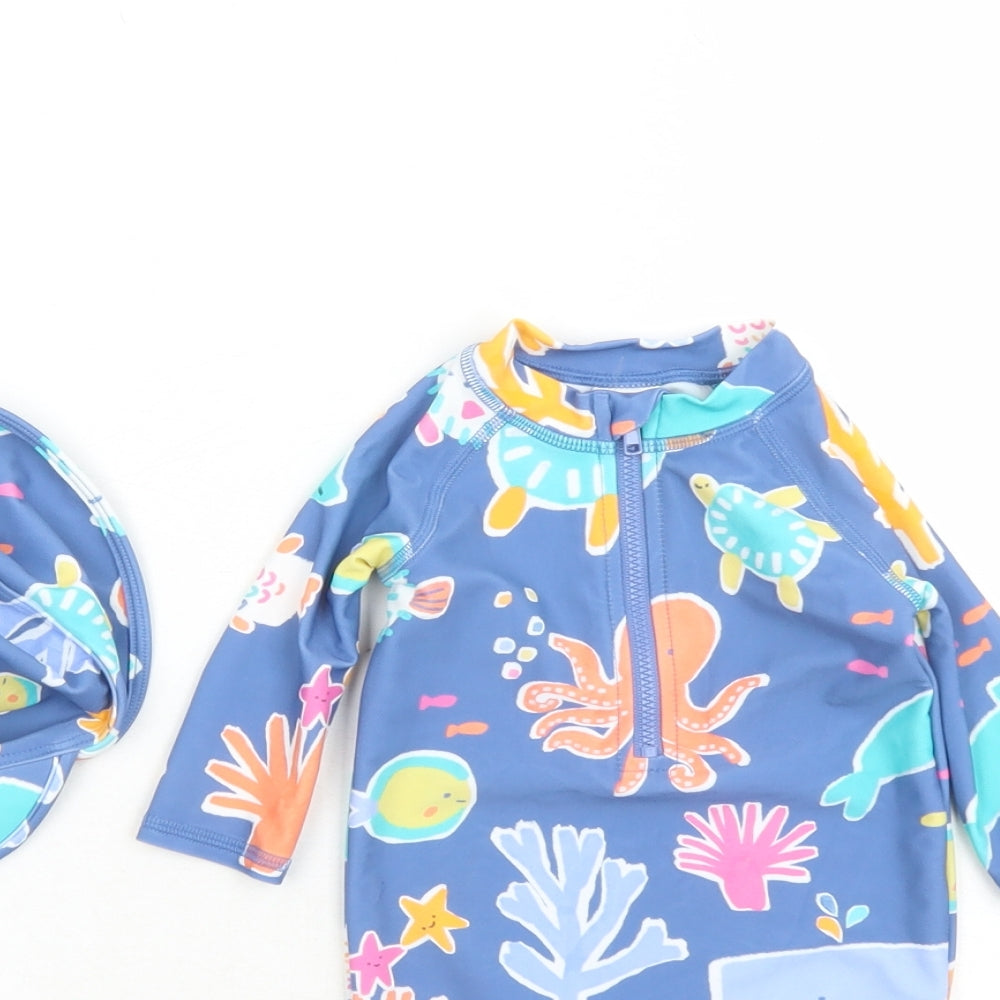 Marks and Spencer Boys Blue Geometric Polyester Unitard One-Piece Size 0-3 Months Zip - Swim Suit Hat Included
