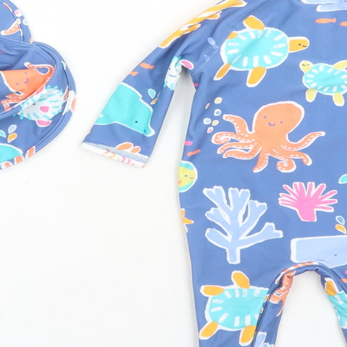 Marks and Spencer Boys Blue Geometric Polyester Unitard One-Piece Size 0-3 Months Zip - Swim Suit Hat Included