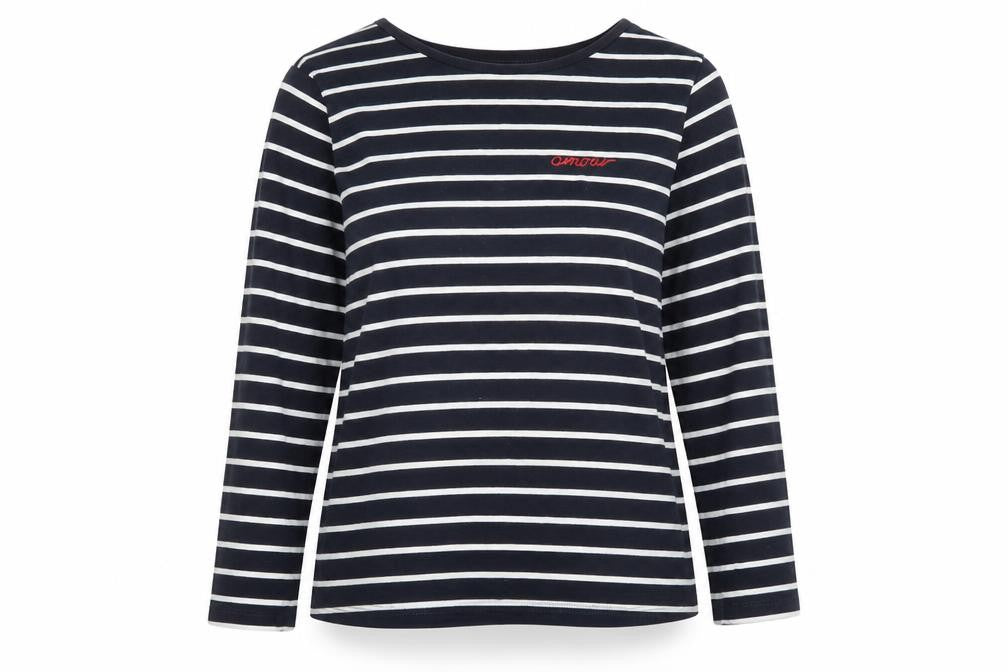 Front view of French Connection women’s blue striped cotton basic t-shirt, size S, round neck - amour