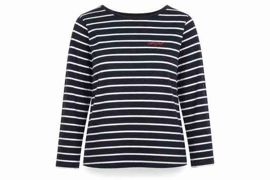 Front view of French Connection women’s blue striped cotton basic t-shirt, size S, round neck - amour