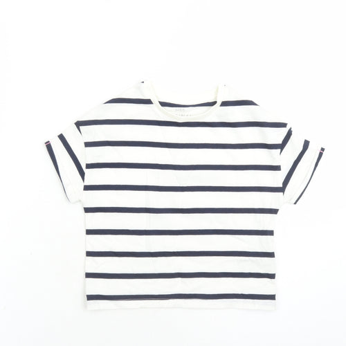 Marks and Spencer Girls White Striped Cotton Basic T-Shirt Size 3-4 Years Crew Neck Pullover