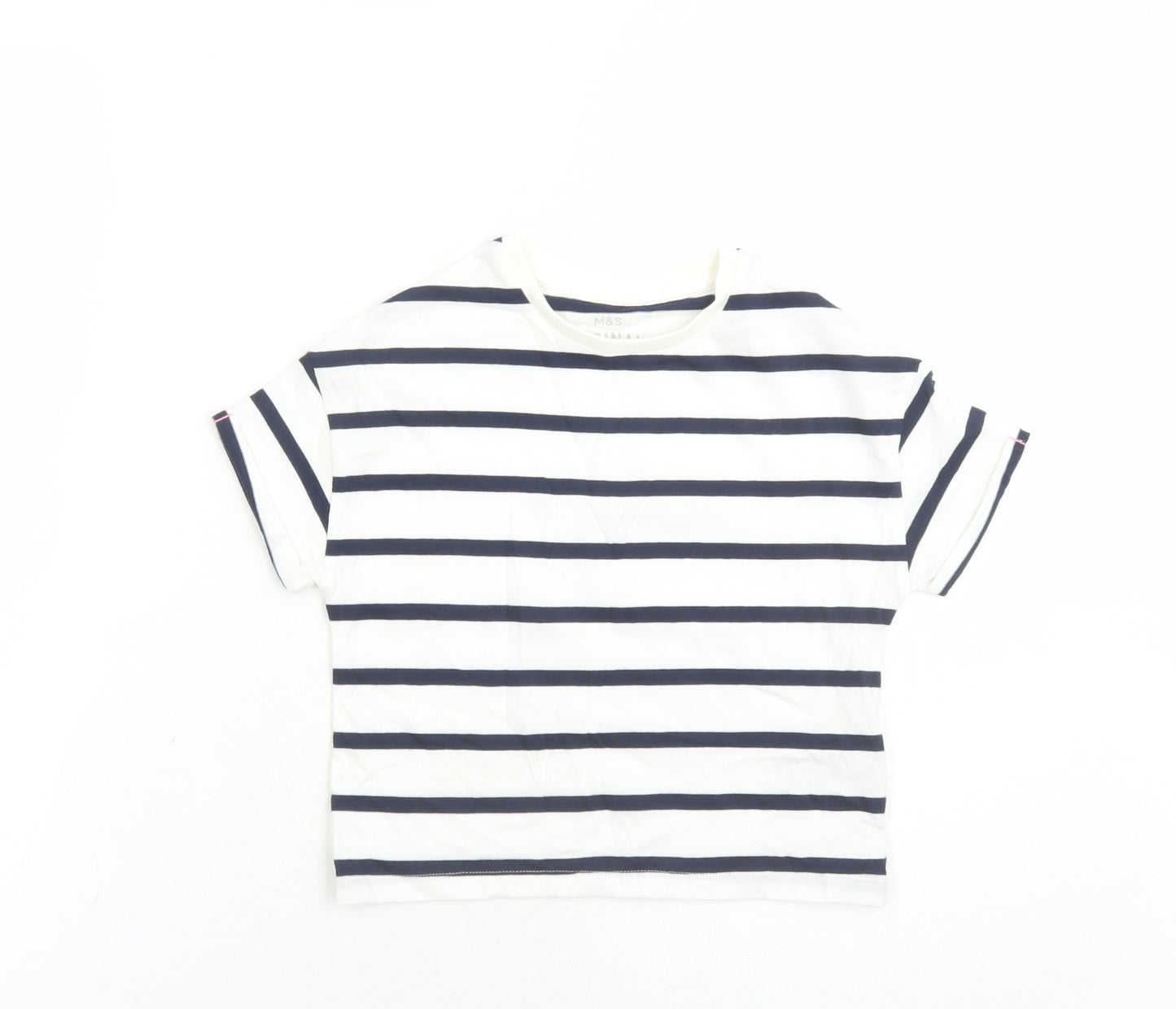 Marks and Spencer Girls White Striped Cotton Basic T-Shirt Size 3-4 Years Crew Neck Pullover