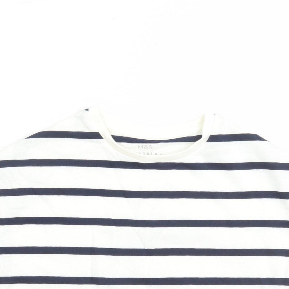 Marks and Spencer Girls White Striped Cotton Basic T-Shirt Size 3-4 Years Crew Neck Pullover