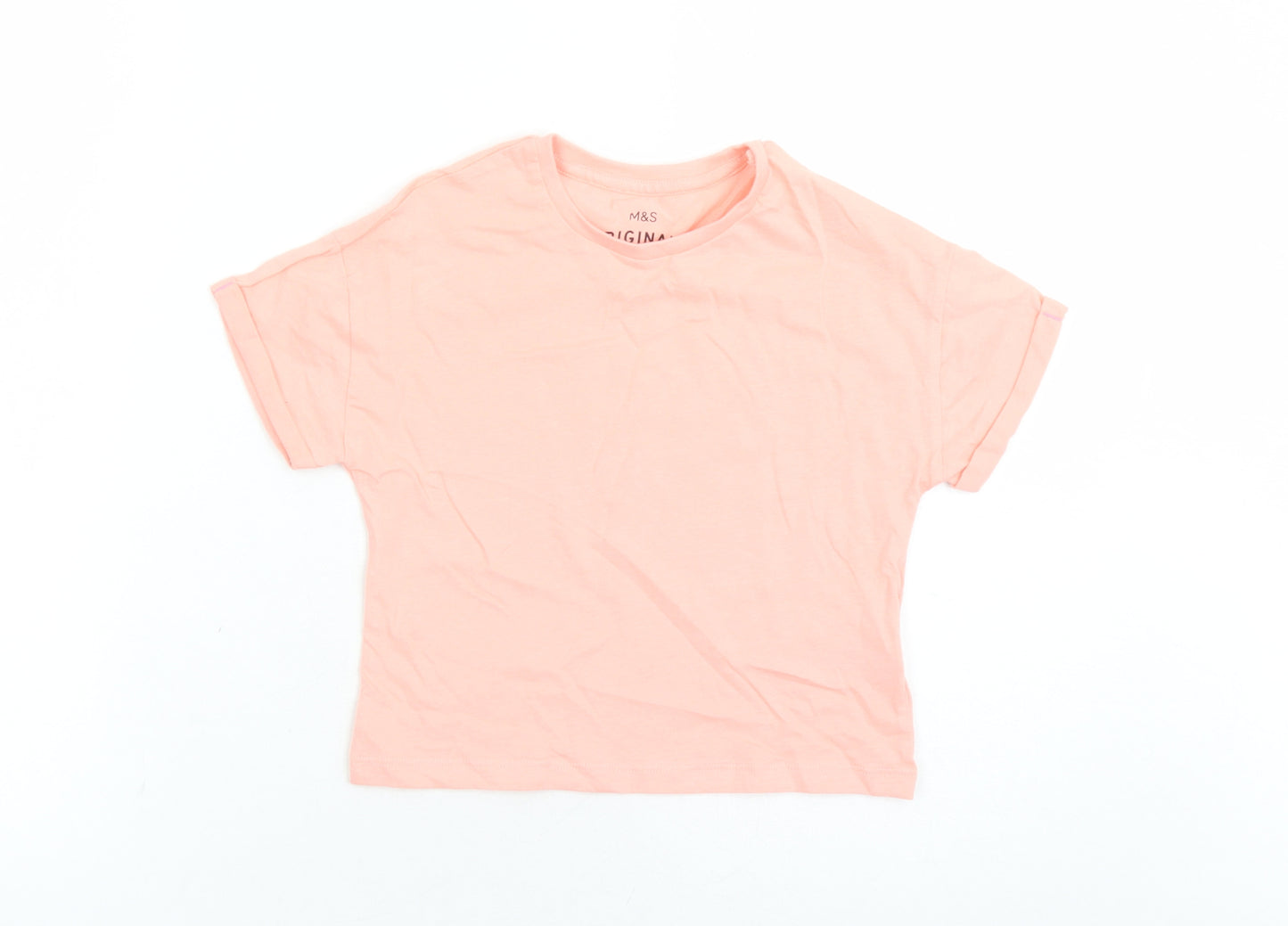 Marks and Spencer Girls Orange Cotton Basic T-Shirt Size 3-4 Years Crew Neck Pullover