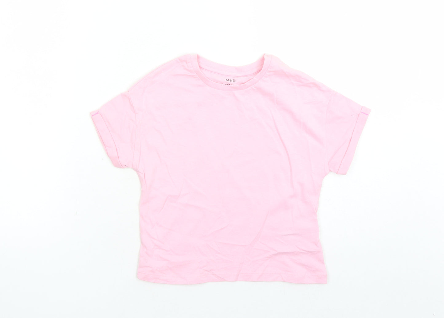 Marks and Spencer Girls Pink Cotton Basic T-Shirt Size 3-4 Years Crew Neck Pullover