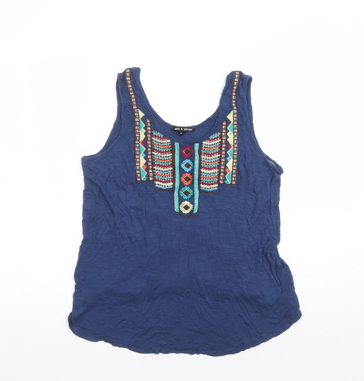 Cable & Gauge Womens Blue Viscose Basic Tank Size XL Round Neck - Embroidered Detail