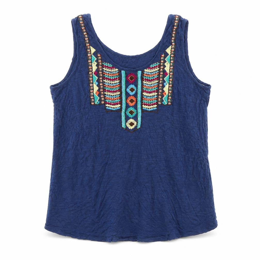 Front view of Cable & Gauge women’s blue viscose basic tank, size XL, round neck - embroidered detail