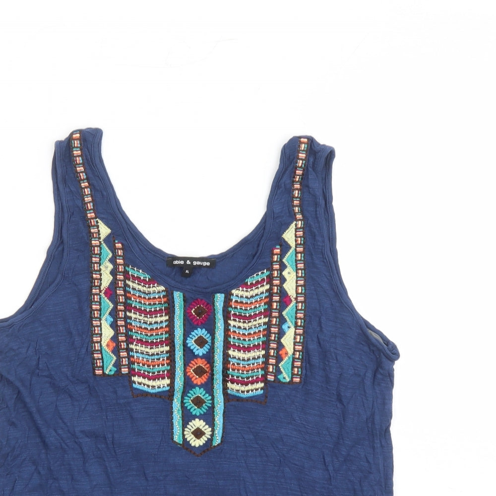 Cable & Gauge Womens Blue Viscose Basic Tank Size XL Round Neck - Embroidered Detail