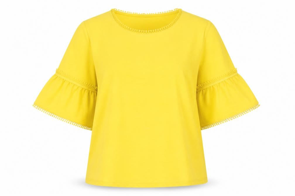Front view of Per Una women’s yellow polyester basic blouse, size UK 14, round neck
