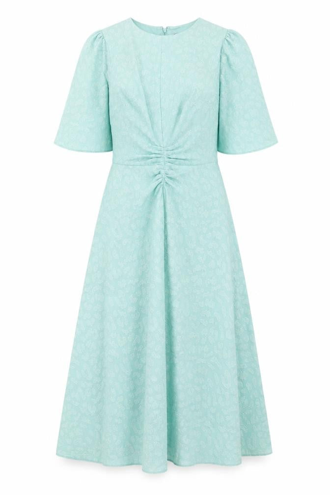 Front view of Marks & Spencer women’s green geometric polyester a-line, size UK 8, v-neck zip
