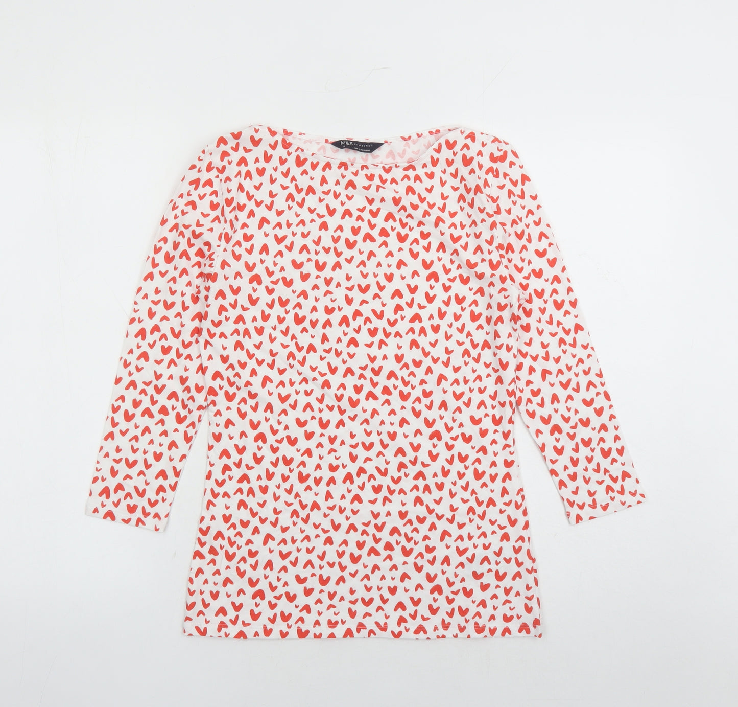 Marks and Spencer Womens White Geometric Cotton Basic T-Shirt Size 8 Boat Neck - Heart Pattern