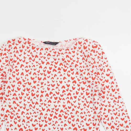 Marks and Spencer Womens White Geometric Cotton Basic T-Shirt Size 8 Boat Neck - Heart Pattern