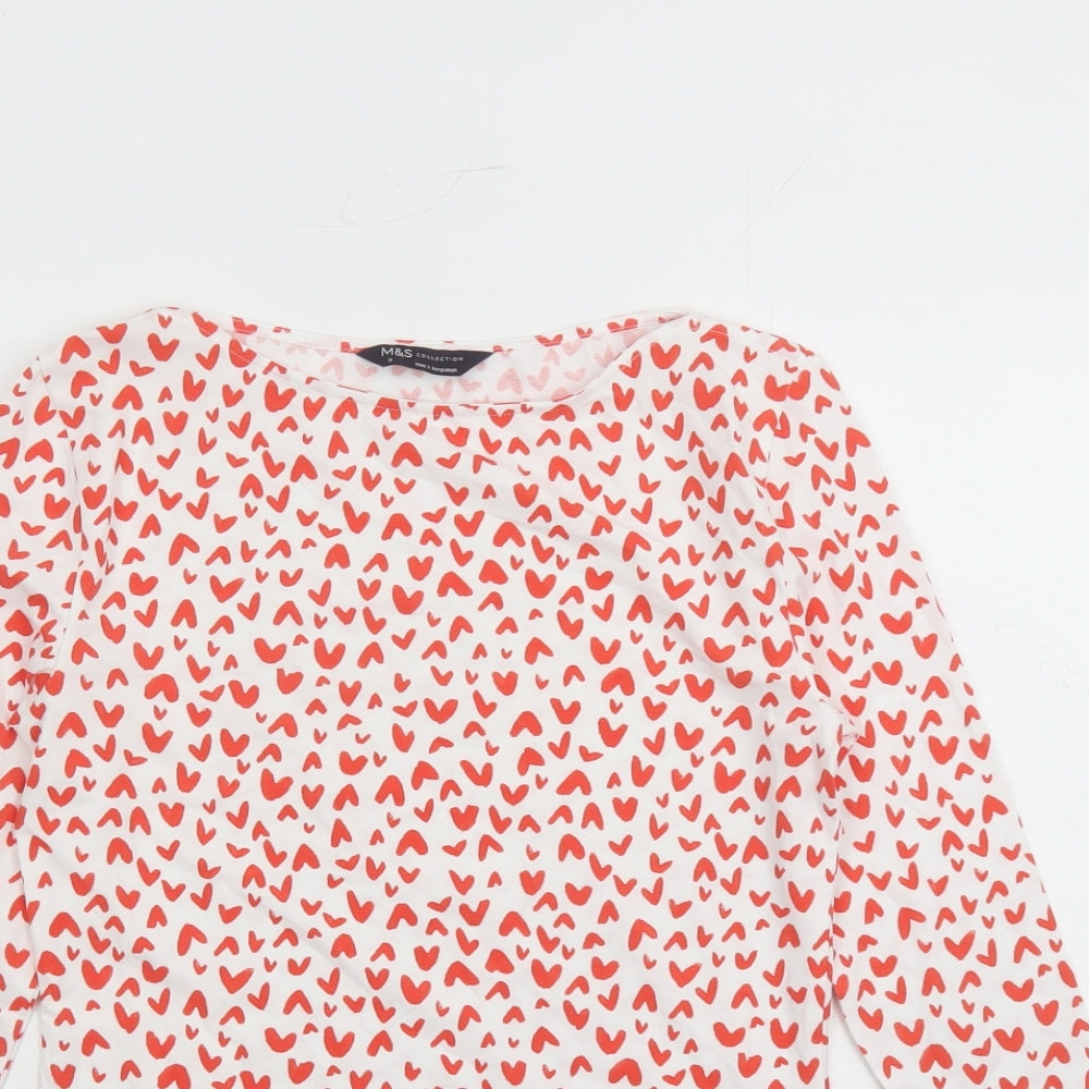 Marks and Spencer Womens White Geometric Cotton Basic T-Shirt Size 8 Boat Neck - Heart Pattern