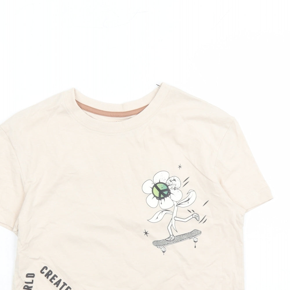 Marks and Spencer Boys Beige Cotton Basic T-Shirt Size 9-10 Years Crew Neck Pullover - Skateboard Flower Graphic