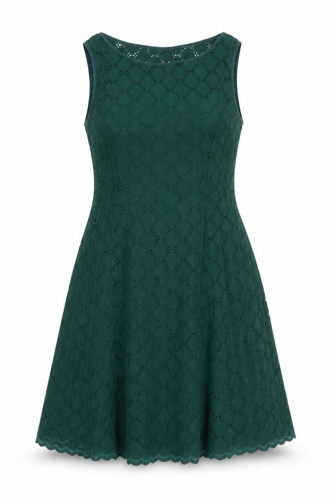 Front view of Ronni Nicole women’s green geometric nylon a-line, size UK 12, round neck pullover - lined