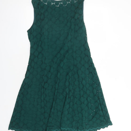 Ronni Nicole Womens Green Geometric Nylon A-Line Size 12 Round Neck Pullover - Lined