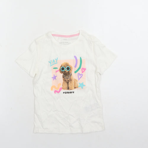 Marks and Spencer Girls White Cotton Basic T-Shirt Size 4-5 Years Crew Neck Pullover - Dog Graphic Groovy