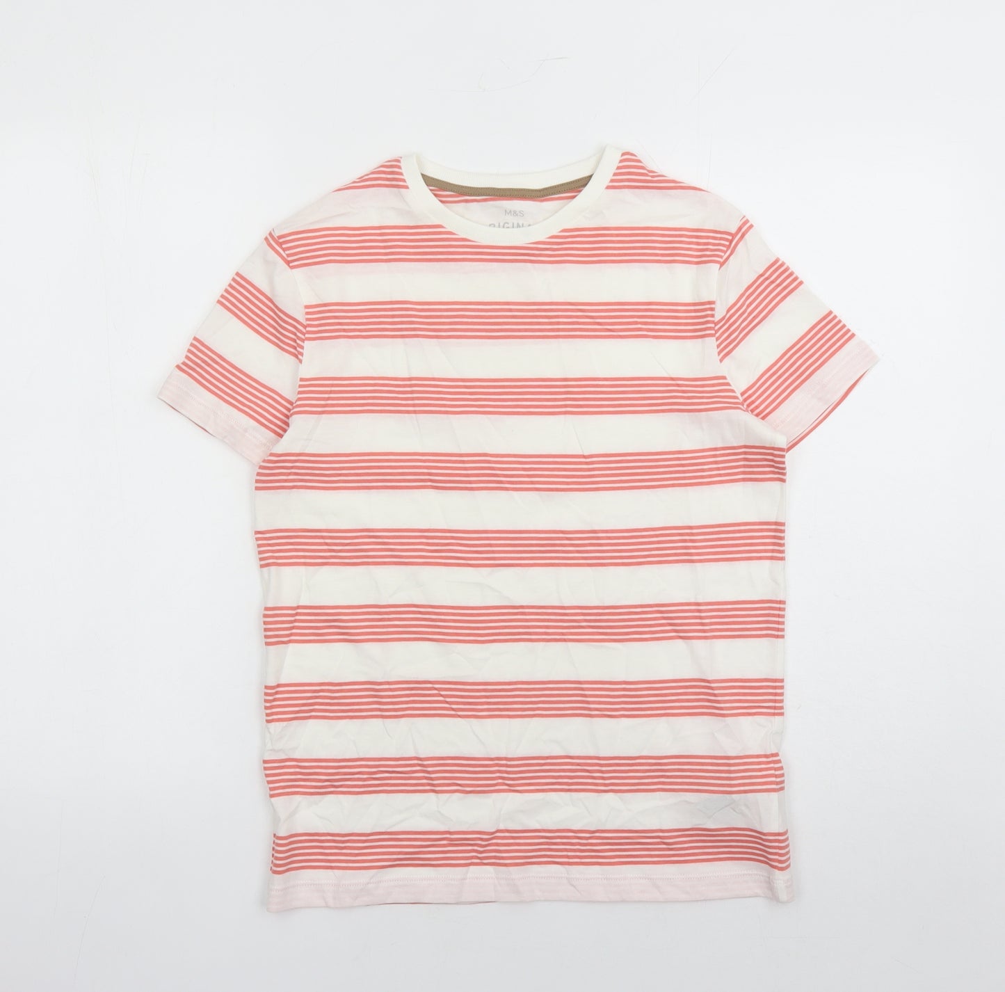 Marks and Spencer Boys White Striped Cotton Basic T-Shirt Size 12-13 Years Crew Neck Pullover