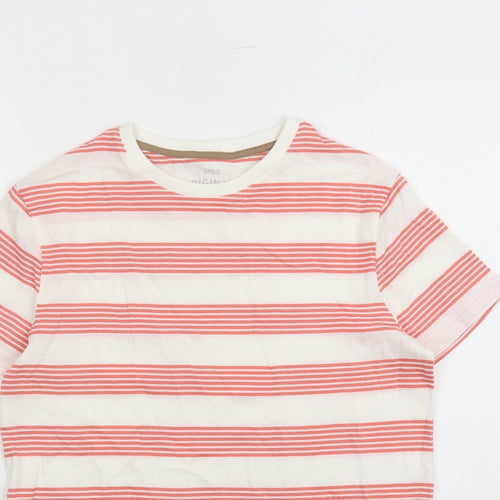 Marks and Spencer Boys White Striped Cotton Basic T-Shirt Size 12-13 Years Crew Neck Pullover