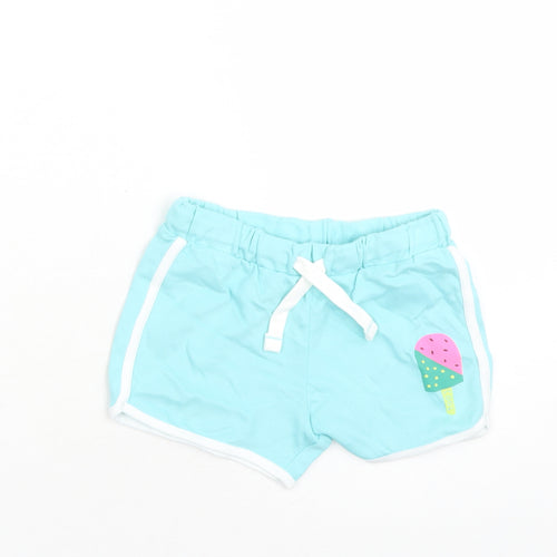 Marks and Spencer Girls Blue 100% Cotton Sweat Shorts Size 5-6 Years L3 in Regular Drawstring - Elasticated Waist Ice Lolly Print