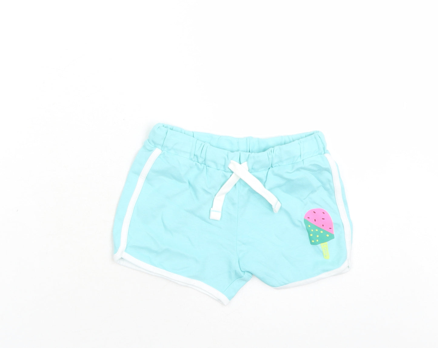 Marks and Spencer Girls Blue 100% Cotton Sweat Shorts Size 5-6 Years L3 in Regular Drawstring - Elasticated Waist Ice Lolly Print