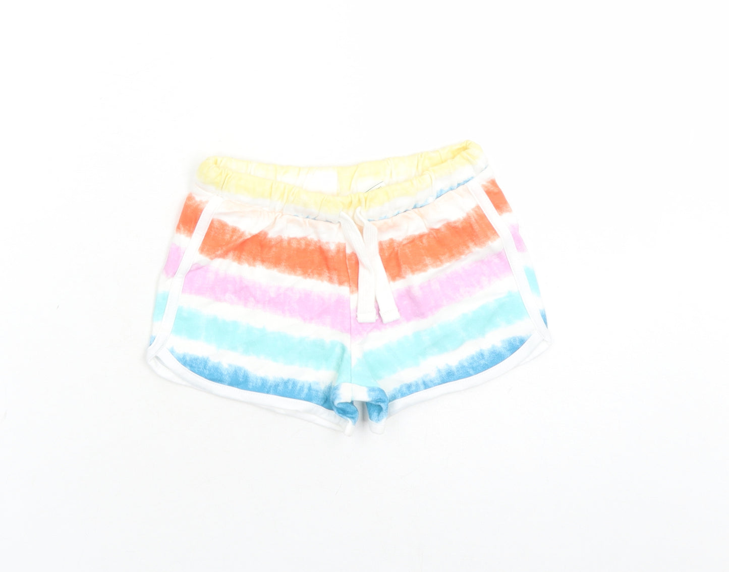 Marks and Spencer Girls Multicoloured 100% Cotton Sweat Shorts Size 5-6 Years L3 in Regular Drawstring - Waist Size 20 inches Elasticated Waist Tie Dye Effect